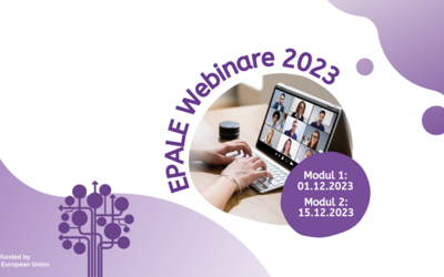 Grafik zur Bewerbung der EPALE Webinare 2023 mit Schriftzug, Logos und Foto eines Webinars