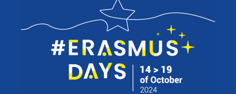 Design #ErasmusDays 2024 auf blauem Hintergrund mit Stern im Hintergrund