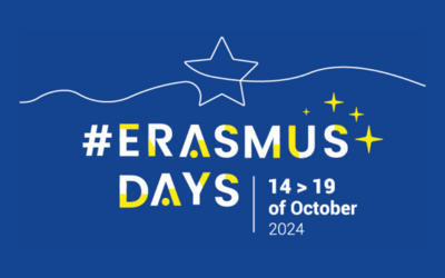 Design #ErasmusDays 2024 auf blauem Hintergrund mit Stern im Hintergrund