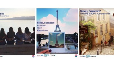Die drei Gewinnerfotos des Servus-Frankreich-Wettbewerbs in ein Bild zusammengefasst. 1. Foto: ein paar Personen vor dem Meer. 2. Foto: Eiffelturm, 3. Foto: Hausfassade und Straße