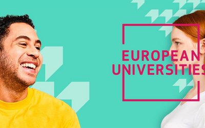 Grafik mit einem lachenden Mann und einer Frau und dem Schriftzug "European Universities"