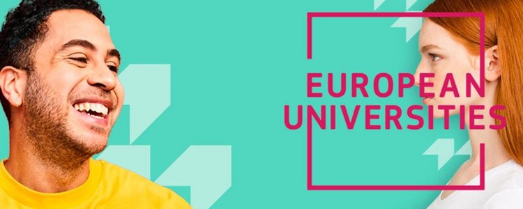 Grafik mit einem lachenden Mann und einer Frau und dem Schriftzug "European Universities"