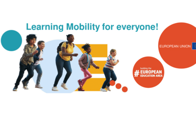 Fünf Menschen, die laufen sowie ein Schriftzug "Learning Mobility for everyone!"