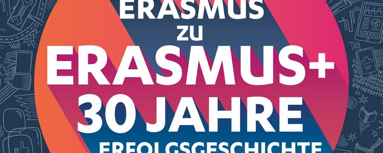 Logo mit Text "Von Erasmus zu Erasmus+ 30 Jahre Erfolgsgeschichte"