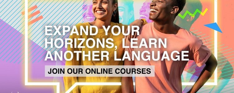 Grafik mit zwei lachende Menschen und dem Text "Expand your horizon, learn another language"
