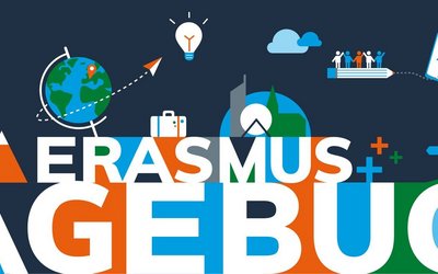 Bunter Schriftzug "Erasmus+ Tagebuch" auf dunkelblauem Hintergrund mit stilisierten grafischen Objekten wie Globus, Glühbirne, Buch, Stadt, Natur, Reisekoffer, etc.
