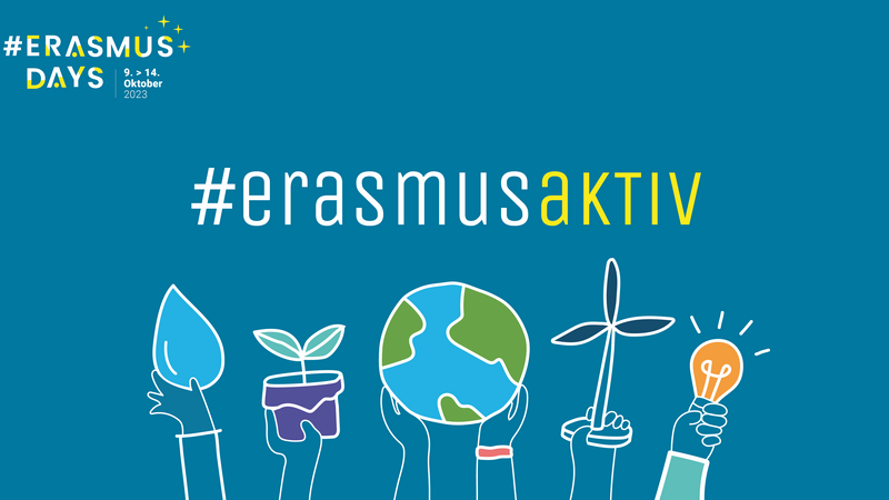 #ErasmusDays Logo mit dem Schriftzug #ErasmusAktiv und Skizzen von Händen, die Pflanzen und einen Globus hochhalten